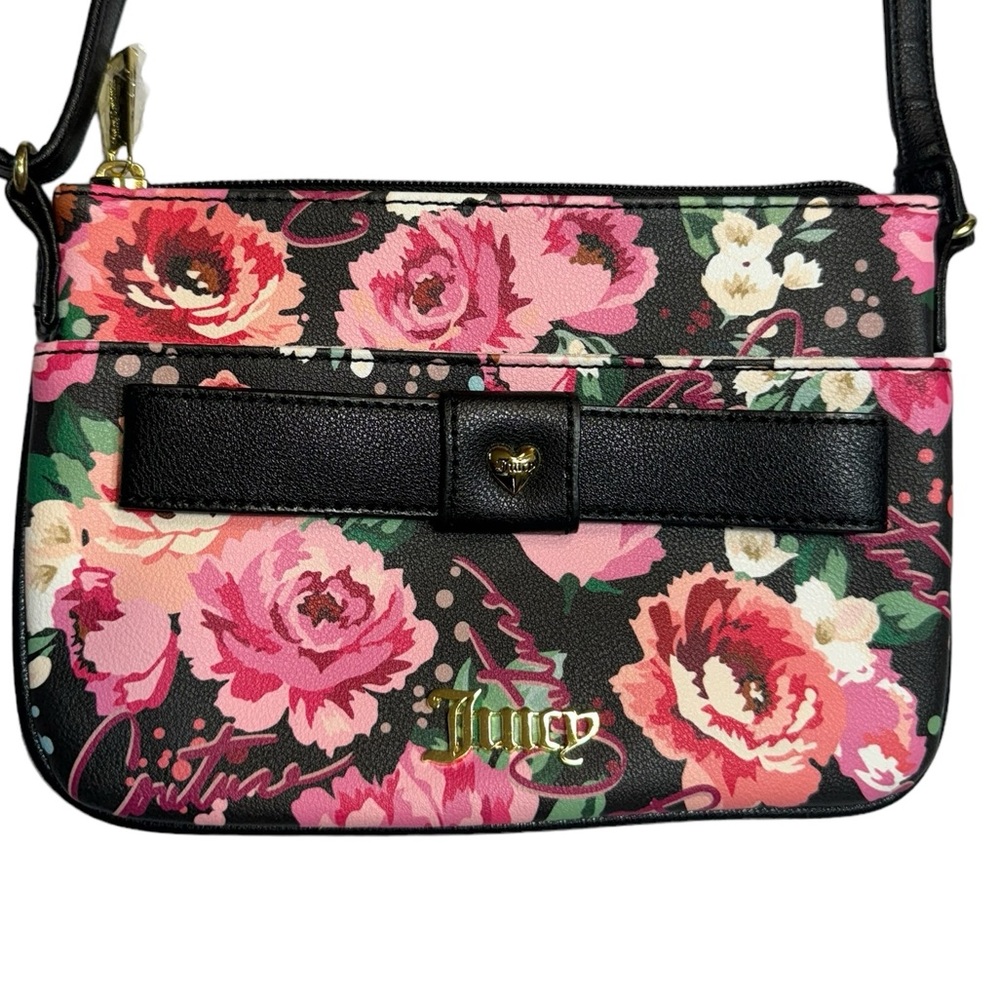 Juicy Couture Floral Crossbody Bag Y2K Black Bow Adjustable Strap Small Pink‎